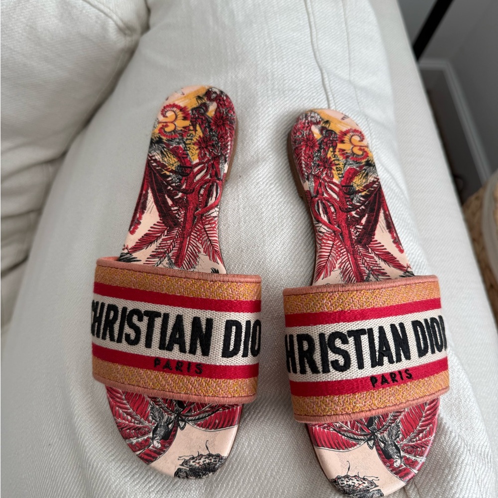 Dior Pink and Red Floral Logo Slide Sandals